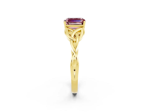 Yellow gold Emerald Cut Morganite Solitaire Engagement Ring with Celtic Knot Band and Four-Prong Setting_2