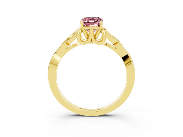 Yellow gold Emerald Cut Morganite Solitaire Engagement Ring with Celtic Knot Band and Four-Prong Setting