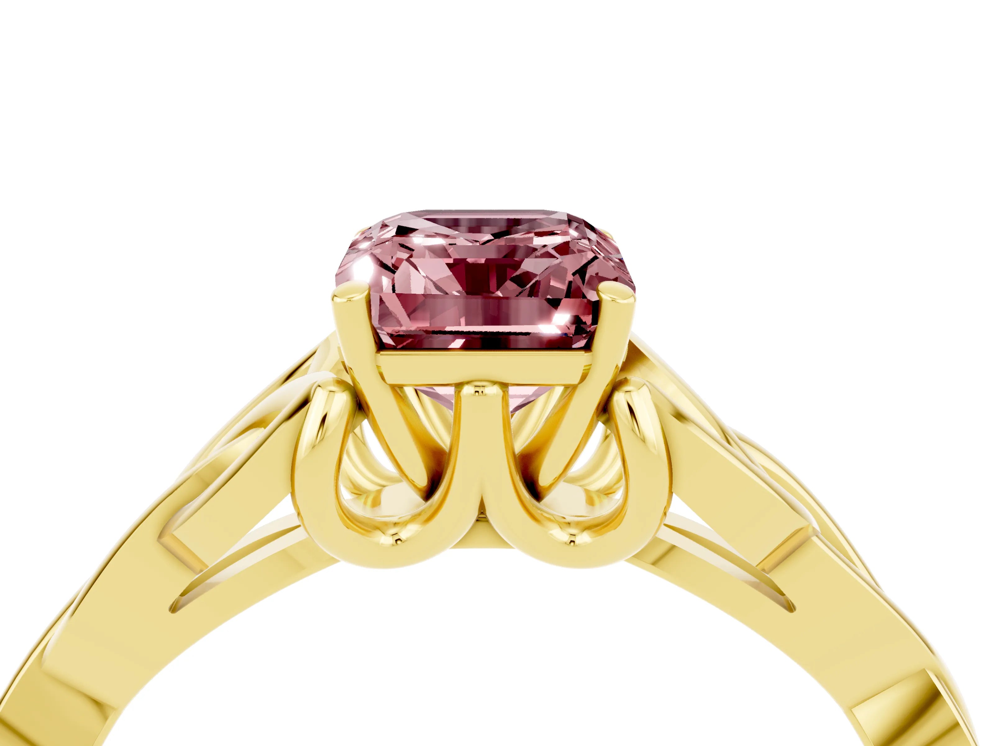 Yellow gold Emerald Cut Morganite Solitaire Engagement Ring with Celtic Knot Band and Four-Prong Setting_4