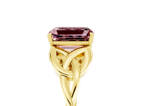 Yellow gold Emerald Cut Morganite Solitaire Engagement Ring with Celtic Knot Band and Four-Prong Setting_5
