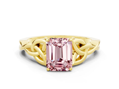 Yellow gold Emerald Cut Morganite Solitaire Engagement Ring with Celtic Knot Band and Four-Prong Setting