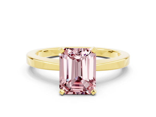 Yellow gold Emerald Cut Morganite Solitaire Engagement Ring with Classic Band and Four-Prong Setting
