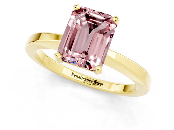 Yellow gold Emerald Cut Morganite Solitaire Engagement Ring with Classic Band and Four-Prong Setting