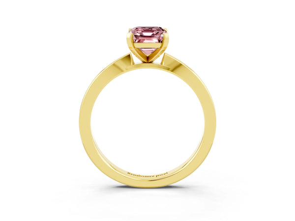 Yellow gold Emerald Cut Morganite Solitaire Engagement Ring with Classic Band and Four-Prong Setting