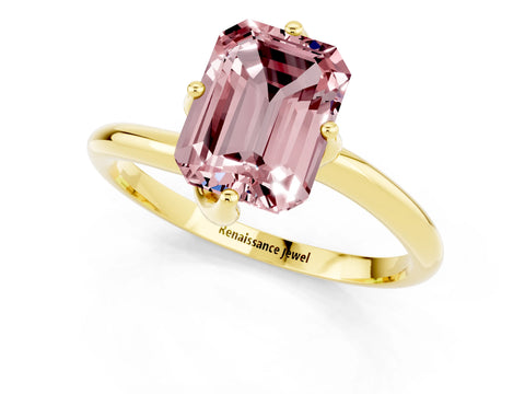 Yellow gold Emerald Cut Morganite Solitaire Engagement Ring with Four-Prong Setting and Classic Band_13
