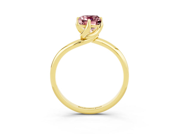 Yellow gold Emerald Cut Morganite Solitaire Engagement Ring with Four-Prong Setting and Classic Band