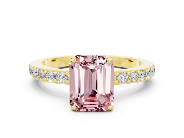 Yellow gold Emerald Cut Morganite Solitaire Engagement Ring with Pavé Band and Four-Prong Setting