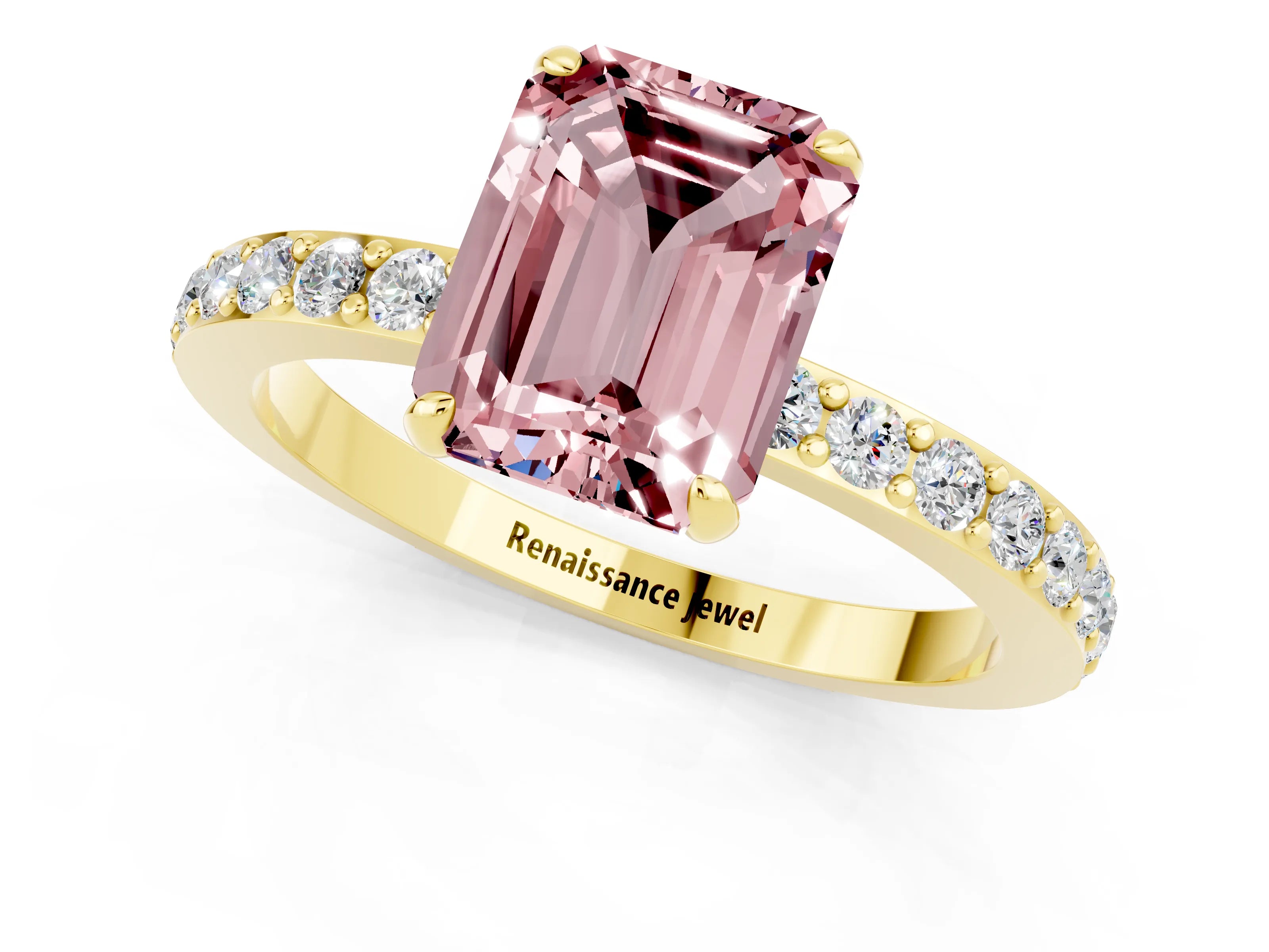 Yellow gold Emerald Cut Morganite Solitaire Engagement Ring with Pavé Band and Four-Prong Setting_1