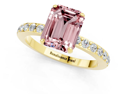 Yellow gold Emerald Cut Morganite Solitaire Engagement Ring with Pavé Band and Four-Prong Setting_1
