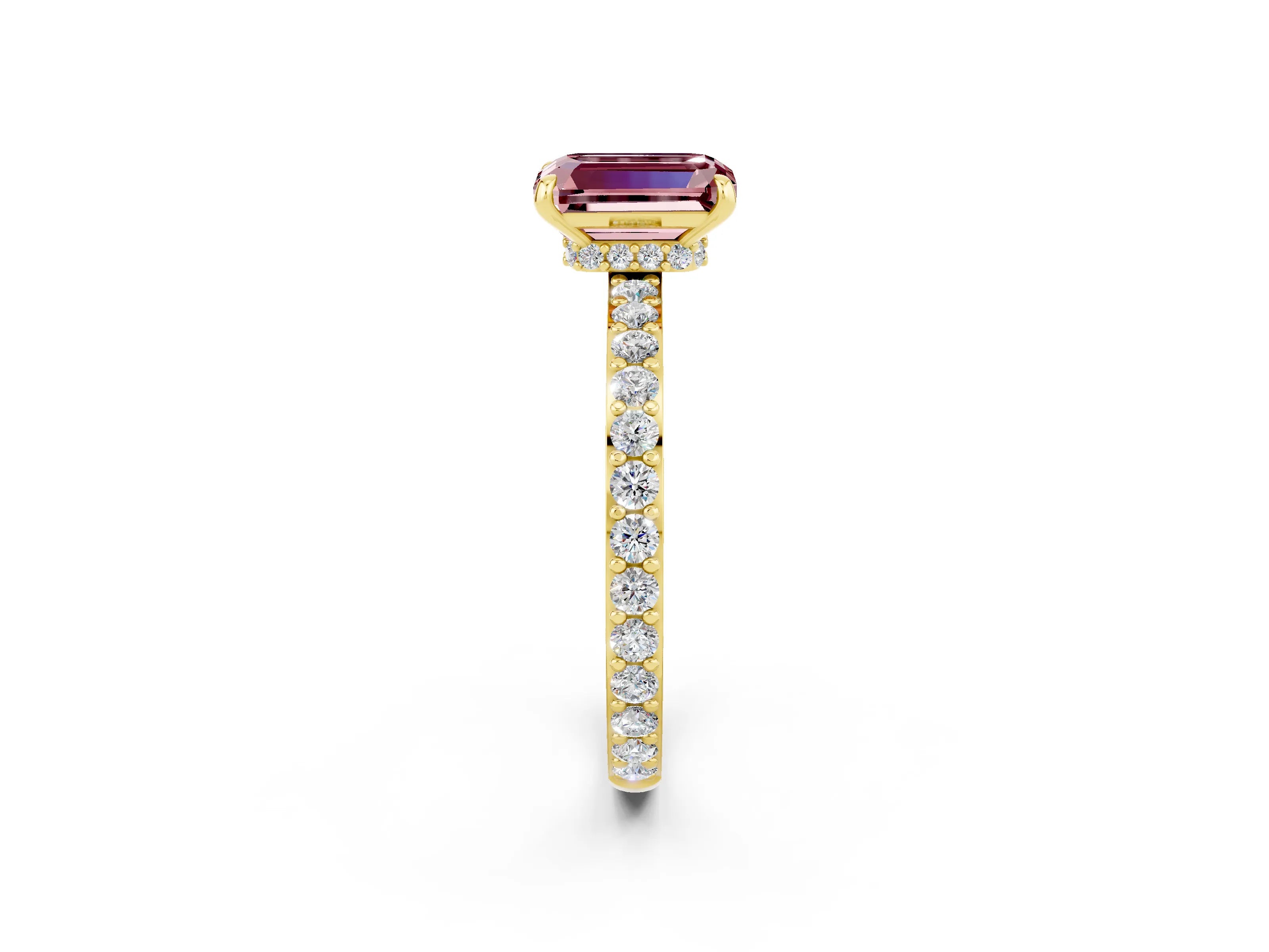 Yellow gold Emerald Cut Morganite Solitaire Engagement Ring with Pavé Band and Four-Prong Setting_2