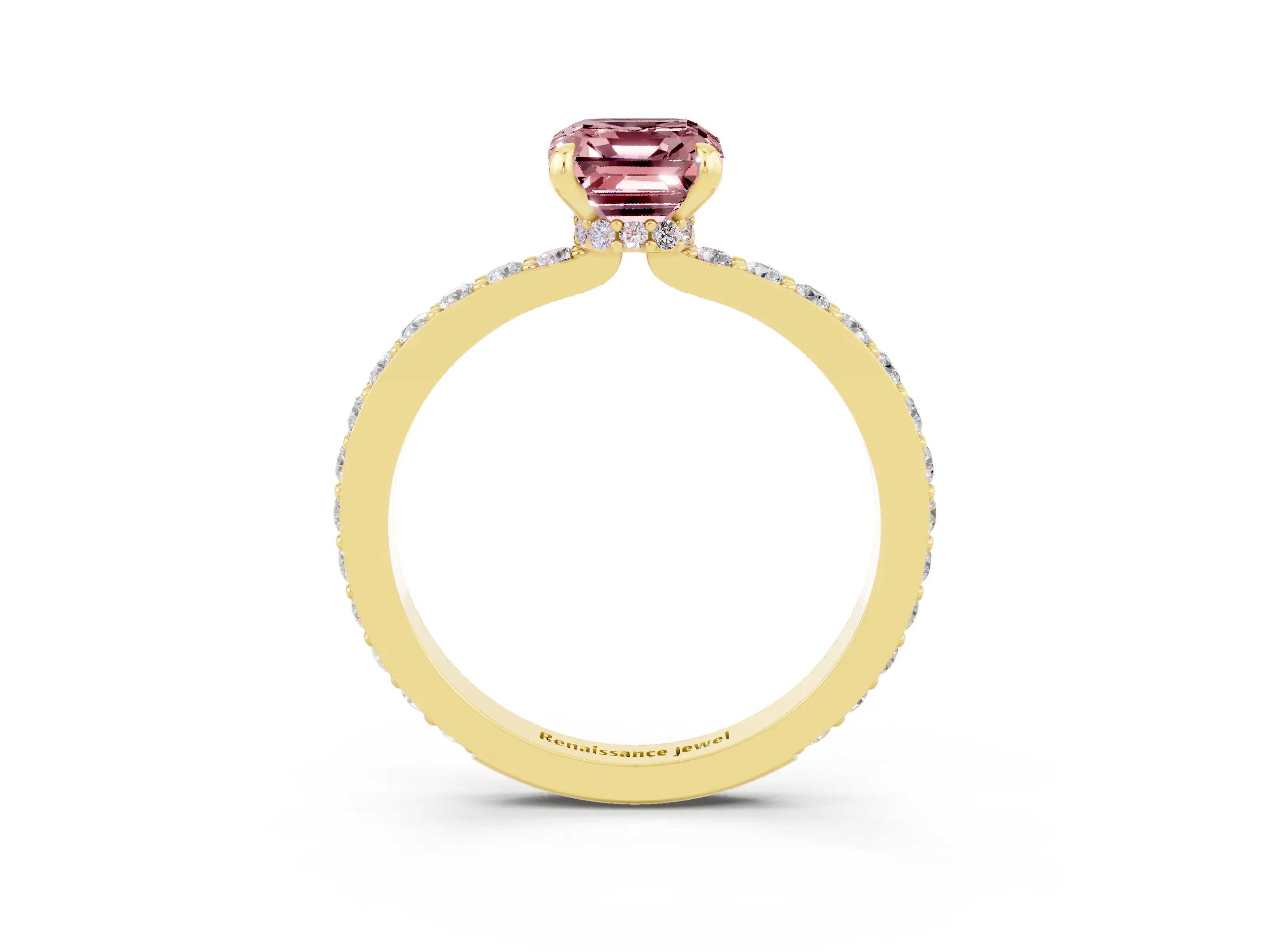 Yellow gold Emerald Cut Morganite Solitaire Engagement Ring with Pavé Band and Four-Prong Setting_3