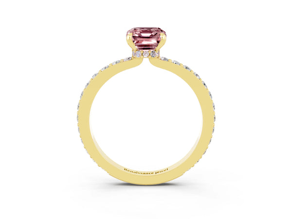 Yellow gold Emerald Cut Morganite Solitaire Engagement Ring with Pavé Band and Four-Prong Setting