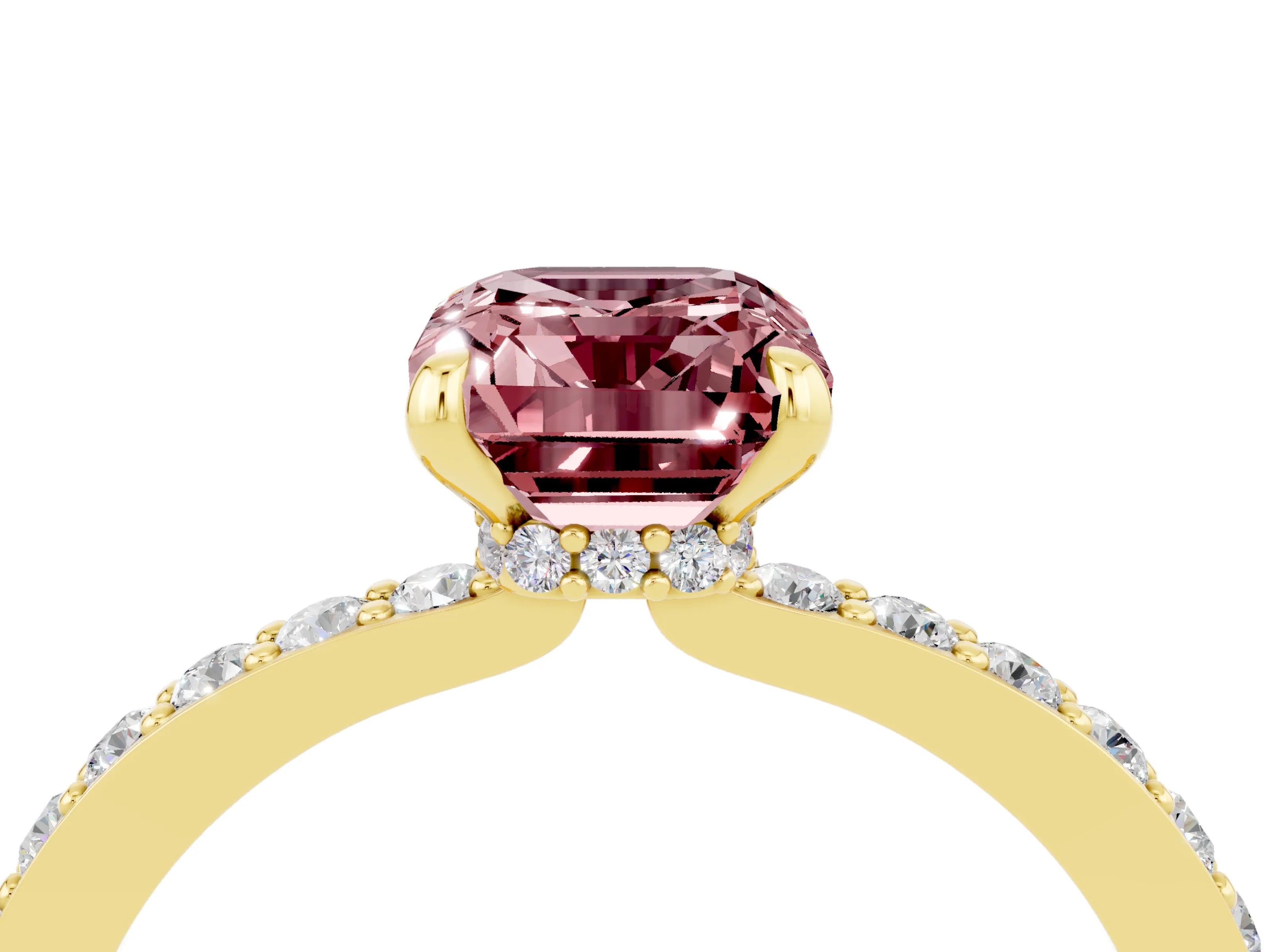 Yellow gold Emerald Cut Morganite Solitaire Engagement Ring with Pavé Band and Four-Prong Setting_4