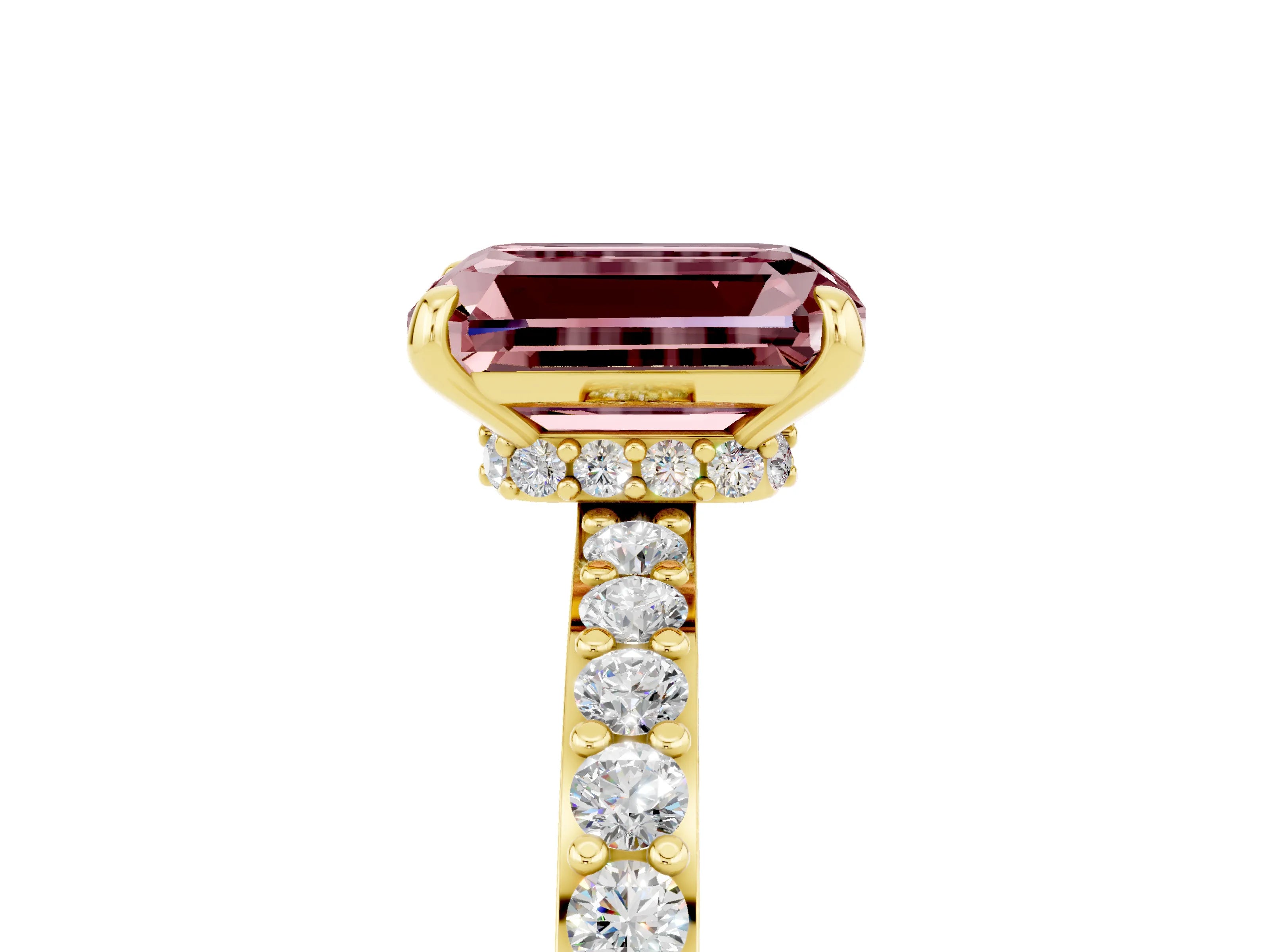 Yellow gold Emerald Cut Morganite Solitaire Engagement Ring with Pavé Band and Four-Prong Setting_5