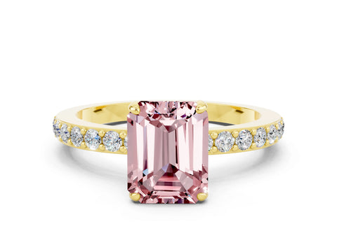 Yellow gold Emerald Cut Morganite Solitaire Engagement Ring with Pavé Band and Four-Prong Setting
