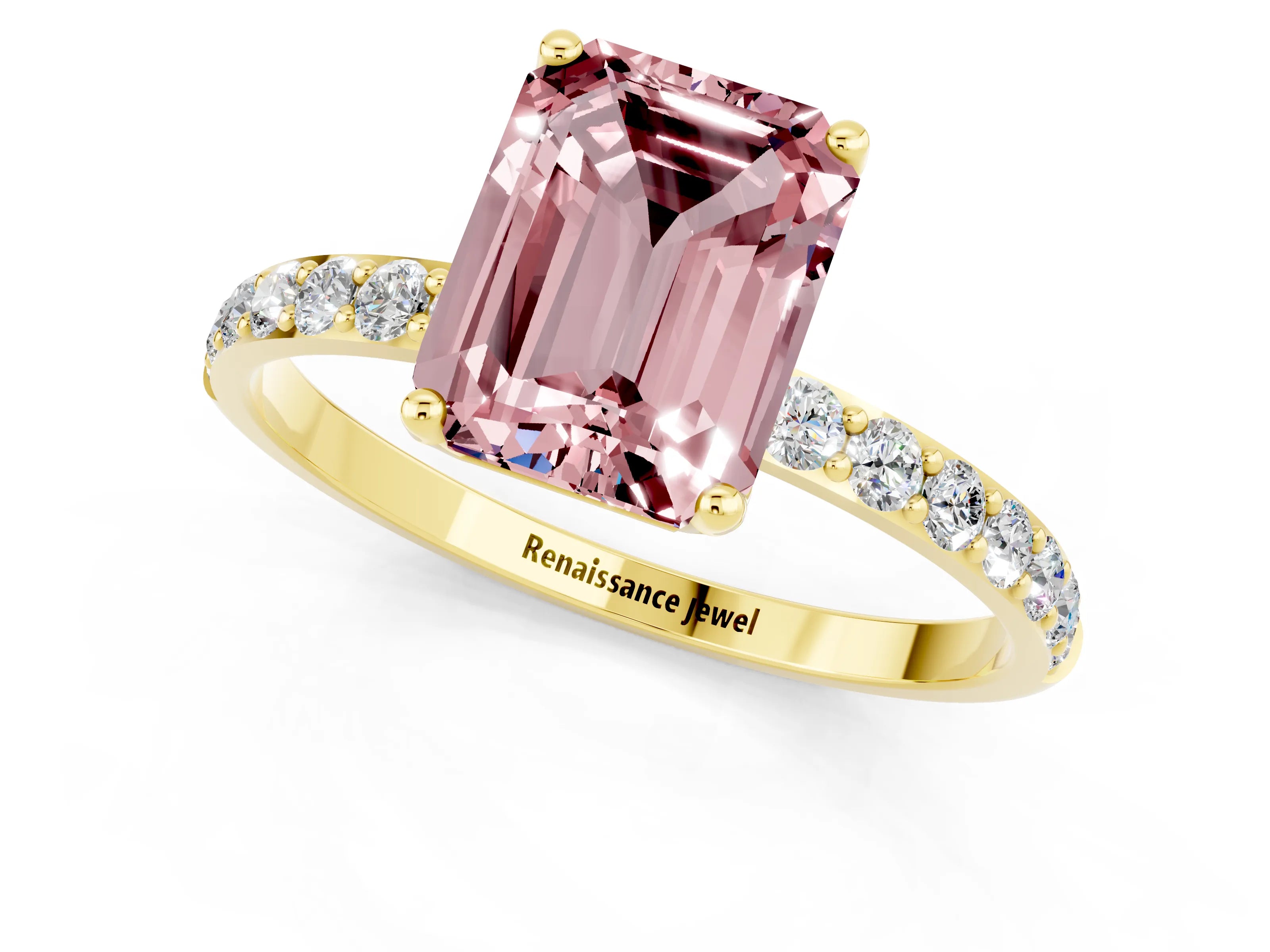Yellow gold Emerald Cut Morganite Solitaire Engagement Ring with Pavé Band and Prong Setting_1
