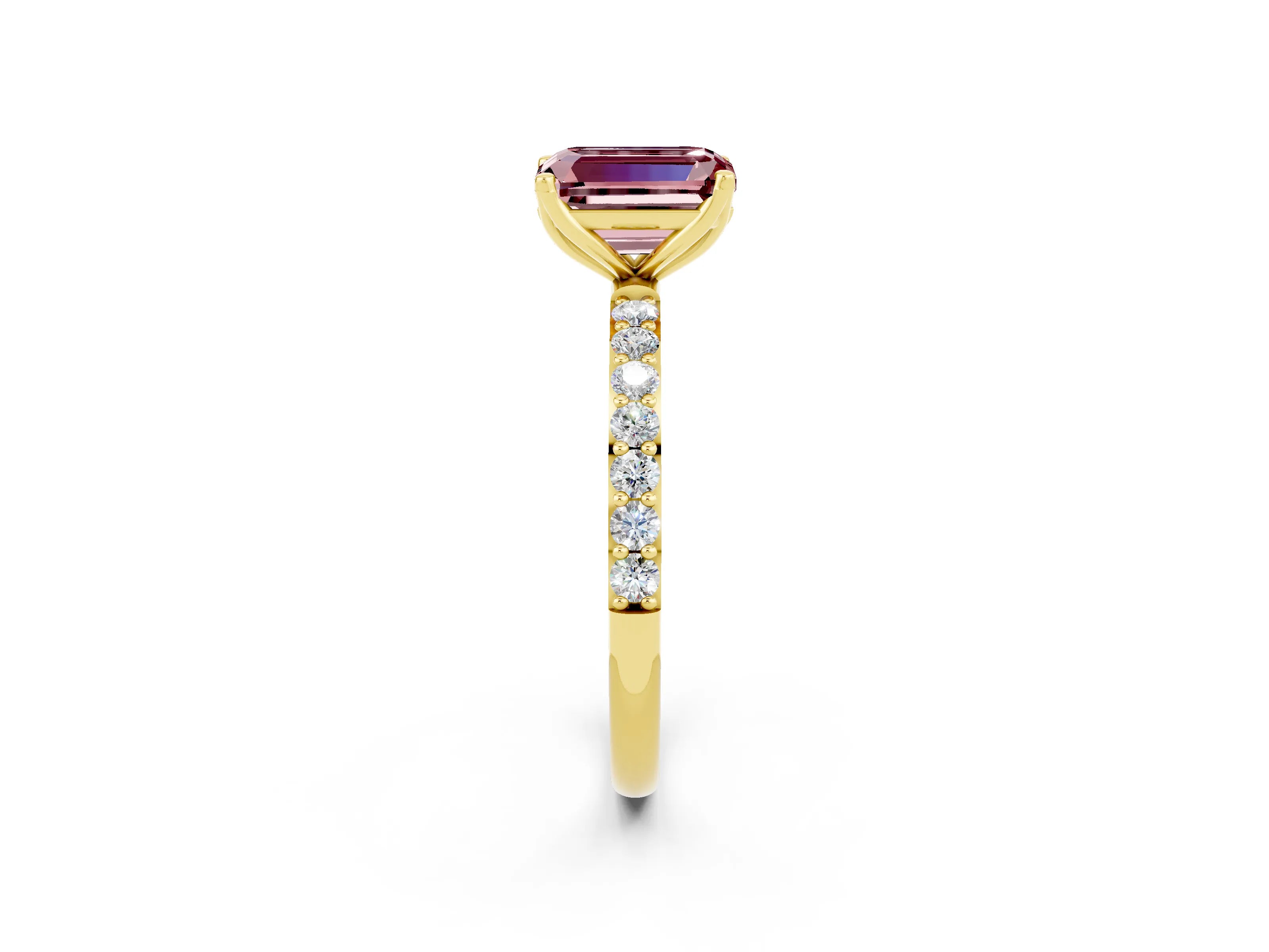 Yellow gold Emerald Cut Morganite Solitaire Engagement Ring with Pavé Band and Prong Setting_2
