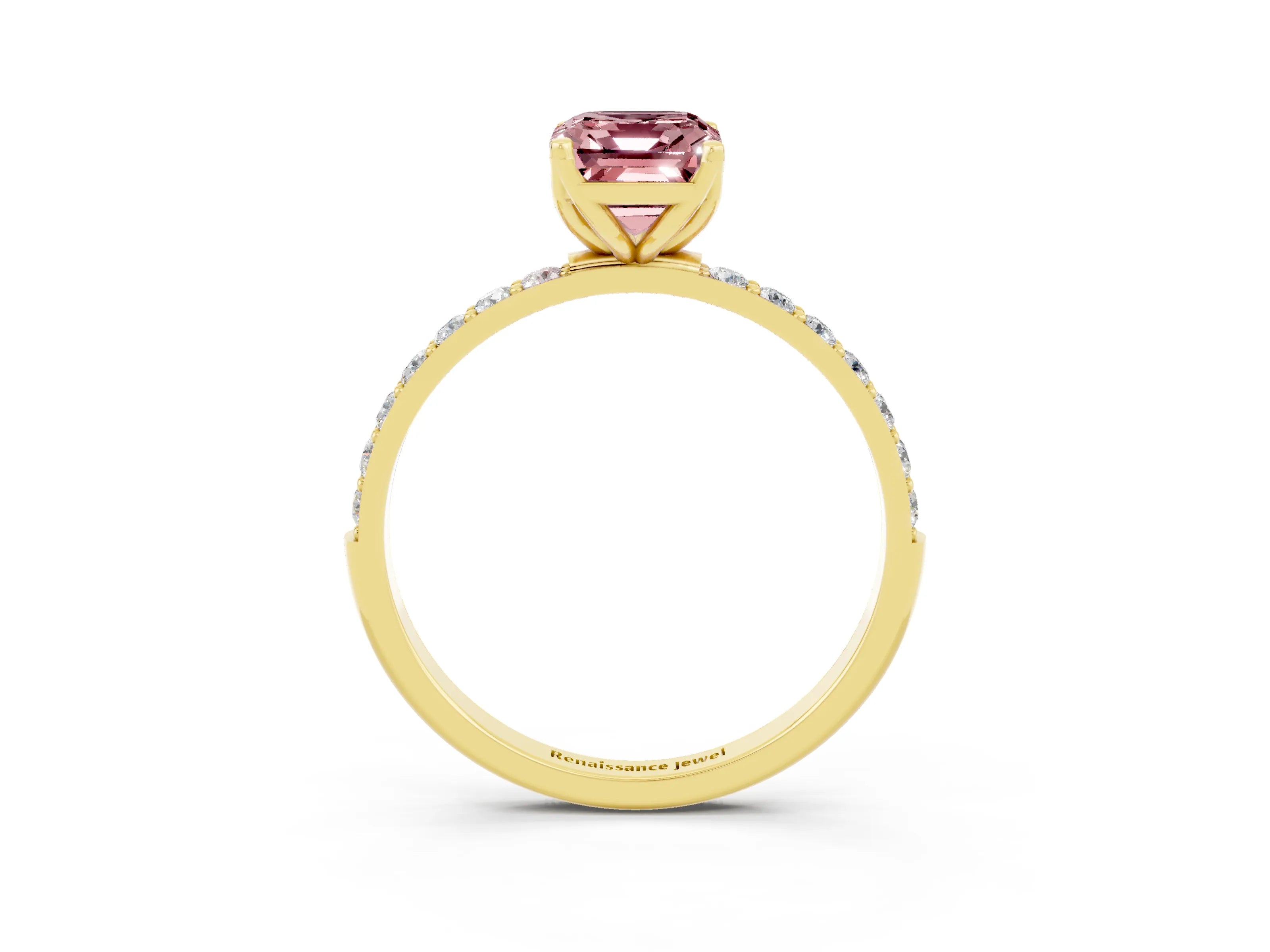 Yellow gold Emerald Cut Morganite Solitaire Engagement Ring with Pavé Band and Prong Setting_3
