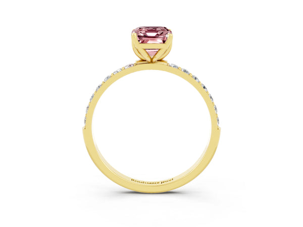 Yellow gold Emerald Cut Morganite Solitaire Engagement Ring with Round  Pavé Band and Prong Setting