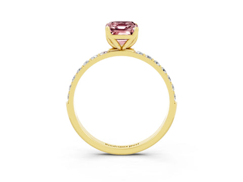 Yellow gold Emerald Cut Morganite Solitaire Engagement Ring with Pavé Band and Prong Setting_3