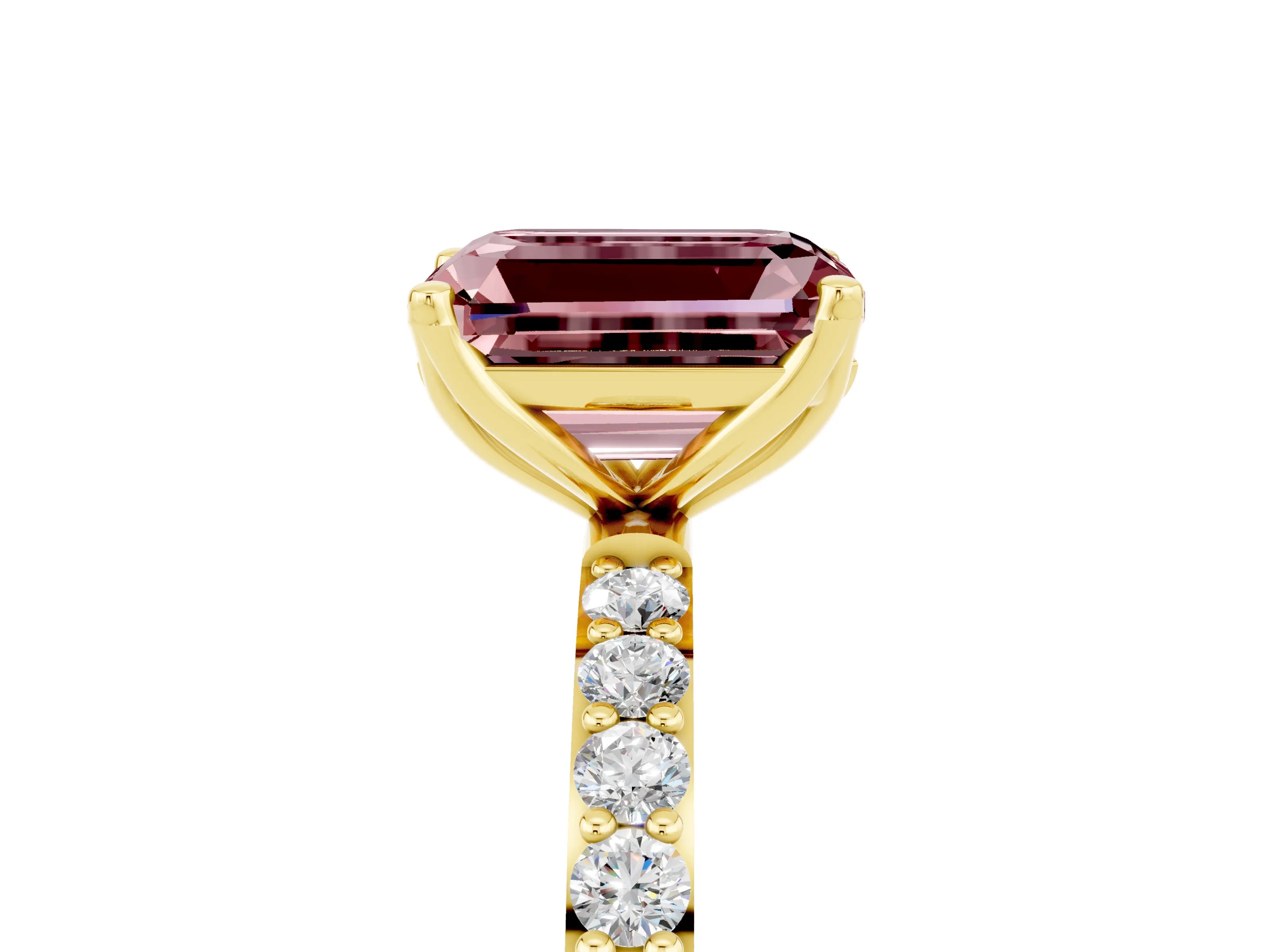 Yellow gold Emerald Cut Morganite Solitaire Engagement Ring with Pavé Band and Prong Setting_5