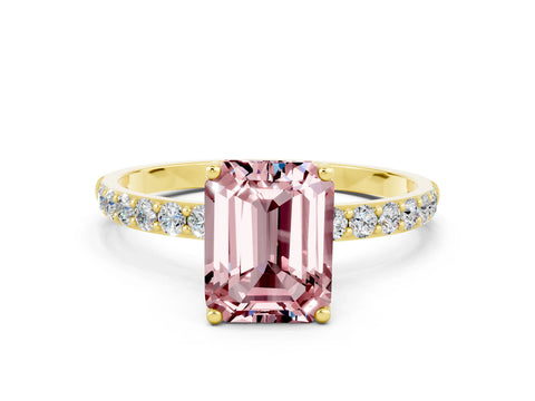 Yellow gold Emerald Cut Morganite Solitaire Engagement Ring with Pavé Band and Prong Setting