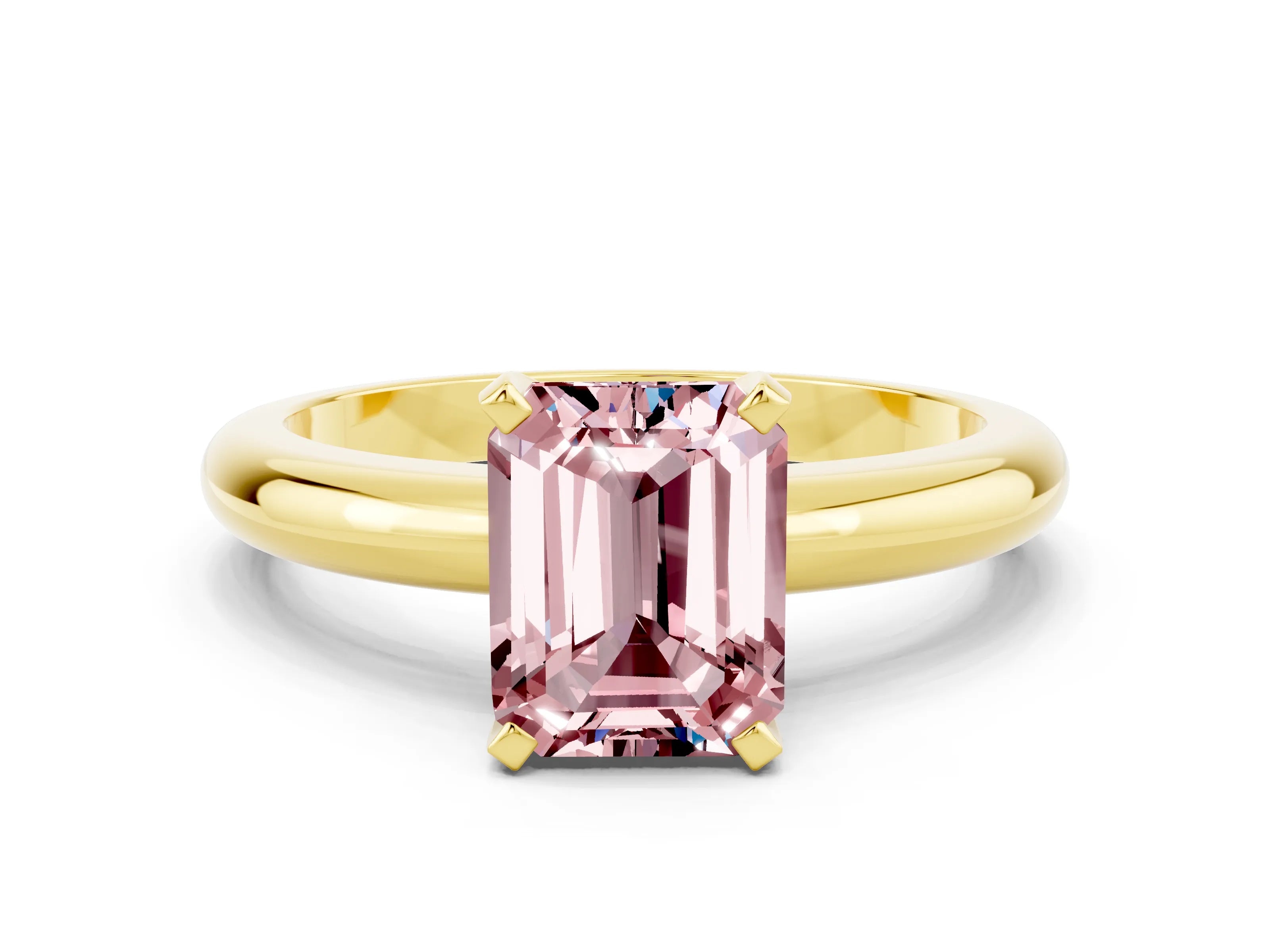 Yellow gold Emerald Cut Morganite Solitaire Engagement Ring with Round Band and Four-Prong Setting