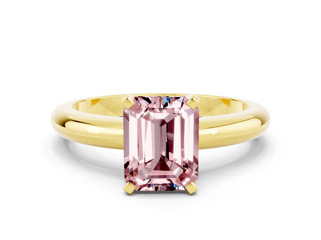 Yellow gold Emerald Cut Morganite Solitaire Engagement Ring with Round Band and Four-Prong Setting