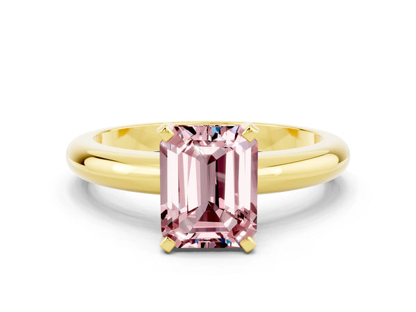 Yellow gold Emerald Cut Morganite Solitaire Engagement Ring with Round Band and Four-Prong Setting