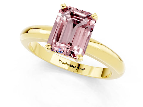 Yellow gold Emerald Cut Morganite Solitaire Engagement Ring with Round Band and Four-Prong Setting_1