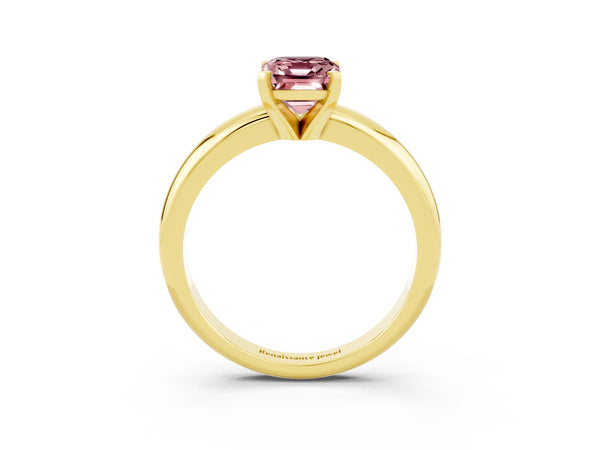 Yellow gold Emerald Cut Morganite Solitaire Engagement Ring with Round Band and Four-Prong Setting