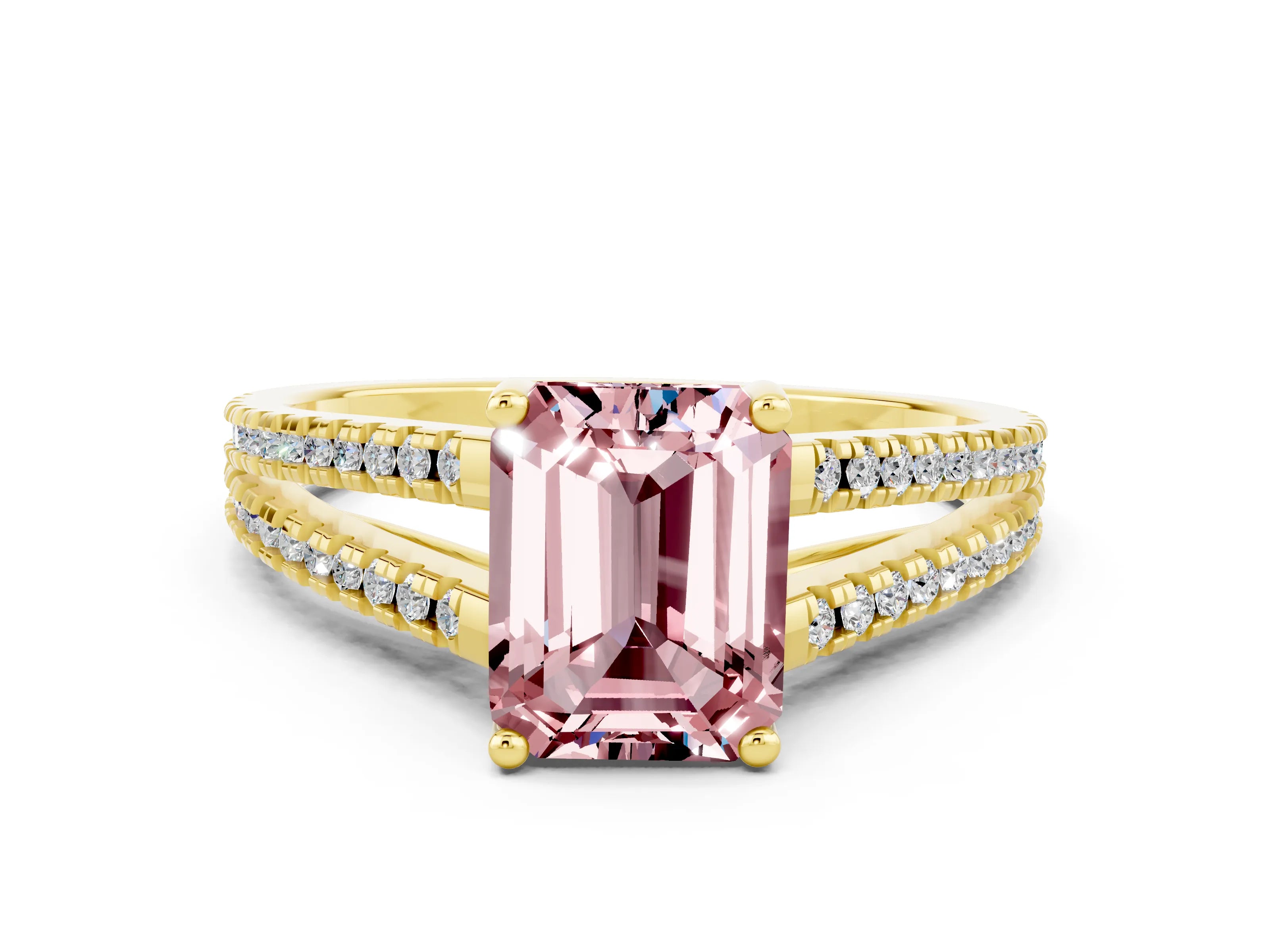 Yellow gold Emerald Cut Morganite Solitaire Engagement Ring with Split Shank Pavé Band