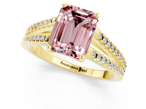 Yellow gold Emerald Cut Morganite Solitaire Engagement Ring with Split Shank Pavé Band_1