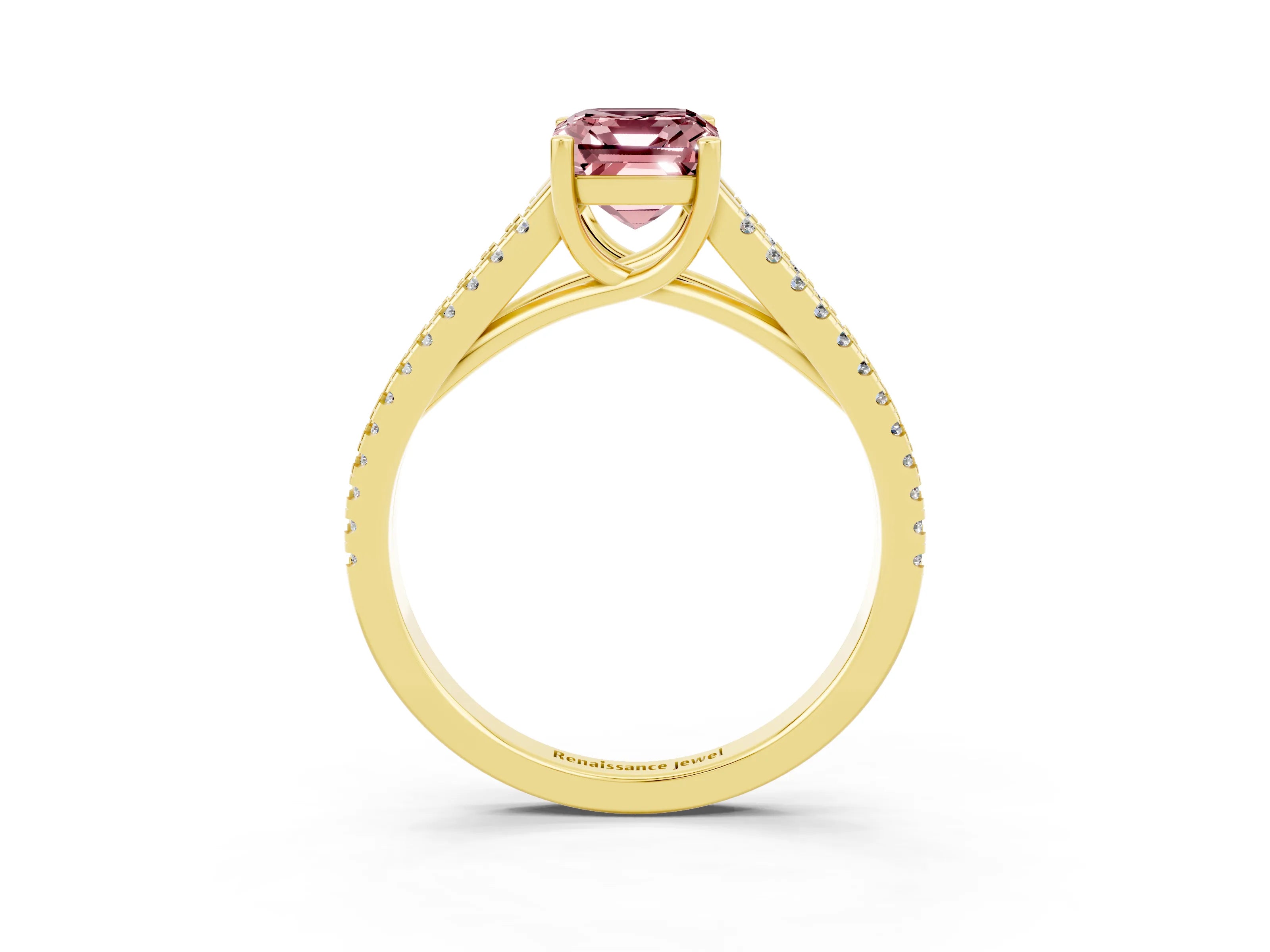 Yellow gold Emerald Cut Morganite Solitaire Engagement Ring with Split Shank Pavé Band_3