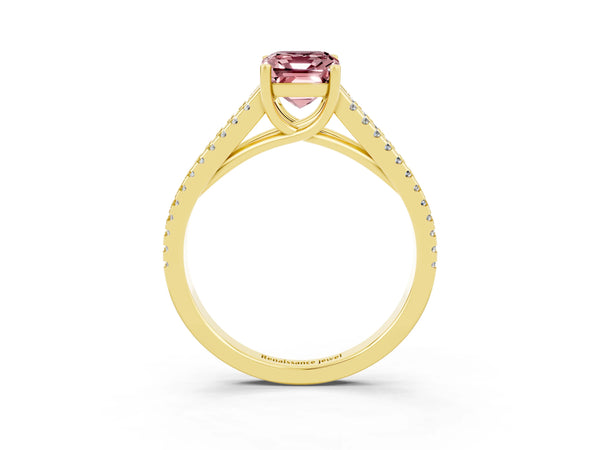 Yellow gold Emerald Cut Morganite Solitaire Engagement Ring with Split Shank Pavé Band