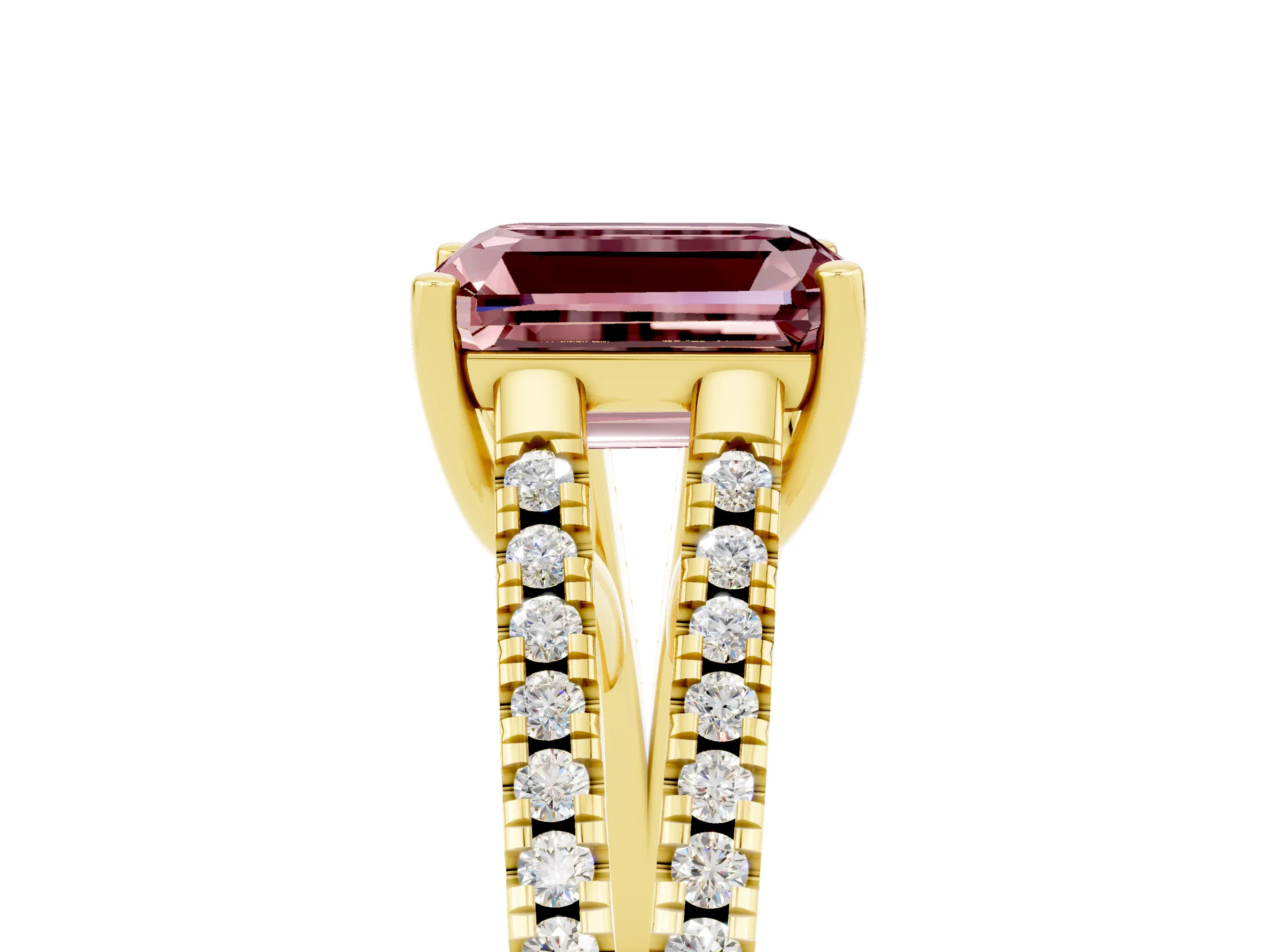 Yellow gold Emerald Cut Morganite Solitaire Engagement Ring with Split Shank Pavé Band_5