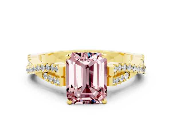 Yellow gold Emerald Cut Morganite Solitaire Engagement Ring with Twisted Pavé Band and Four-Prong Setting