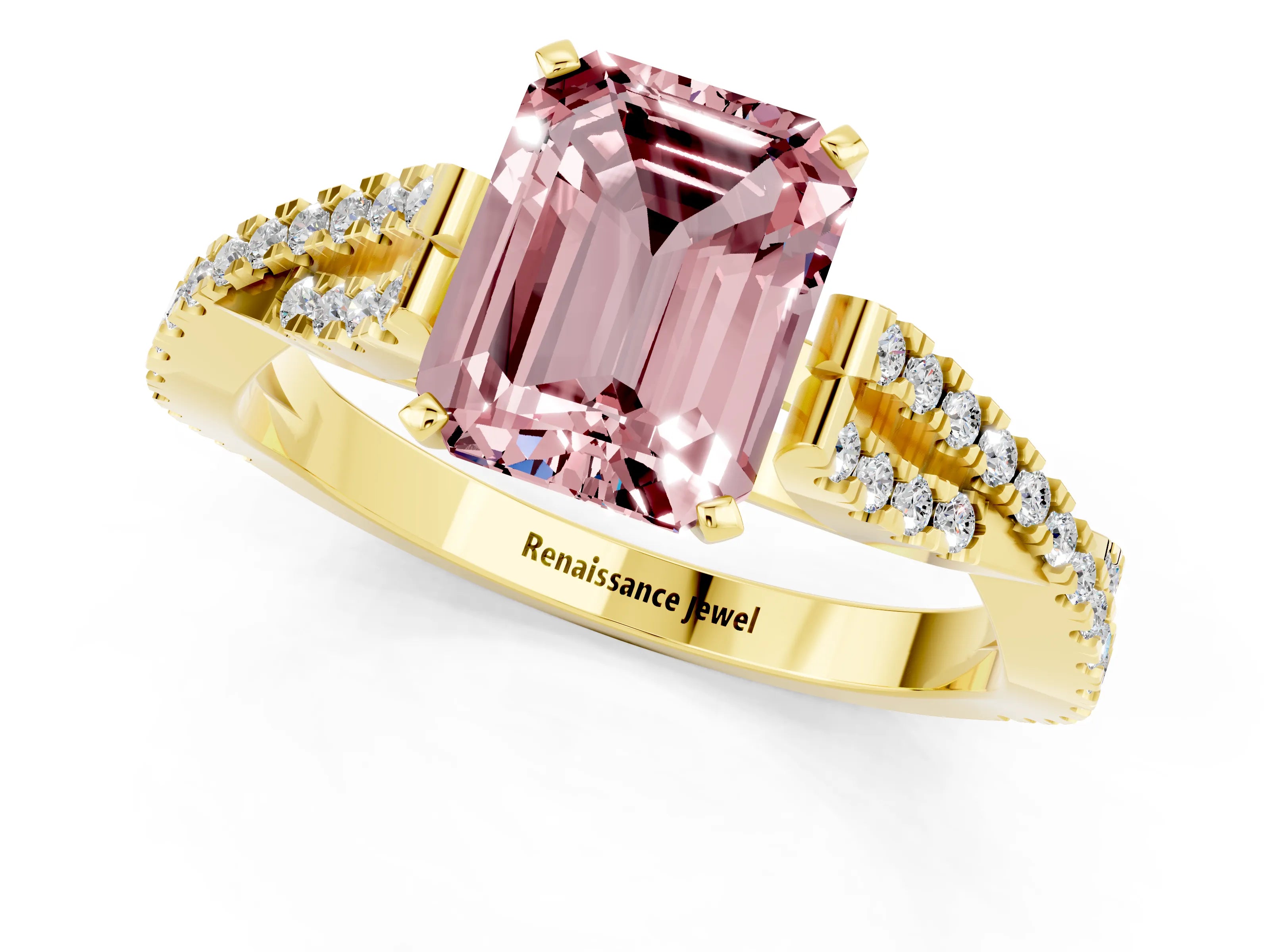 Yellow gold Emerald Cut Morganite Solitaire Engagement Ring with Twisted Pavé Band and Four-Prong Setting_1