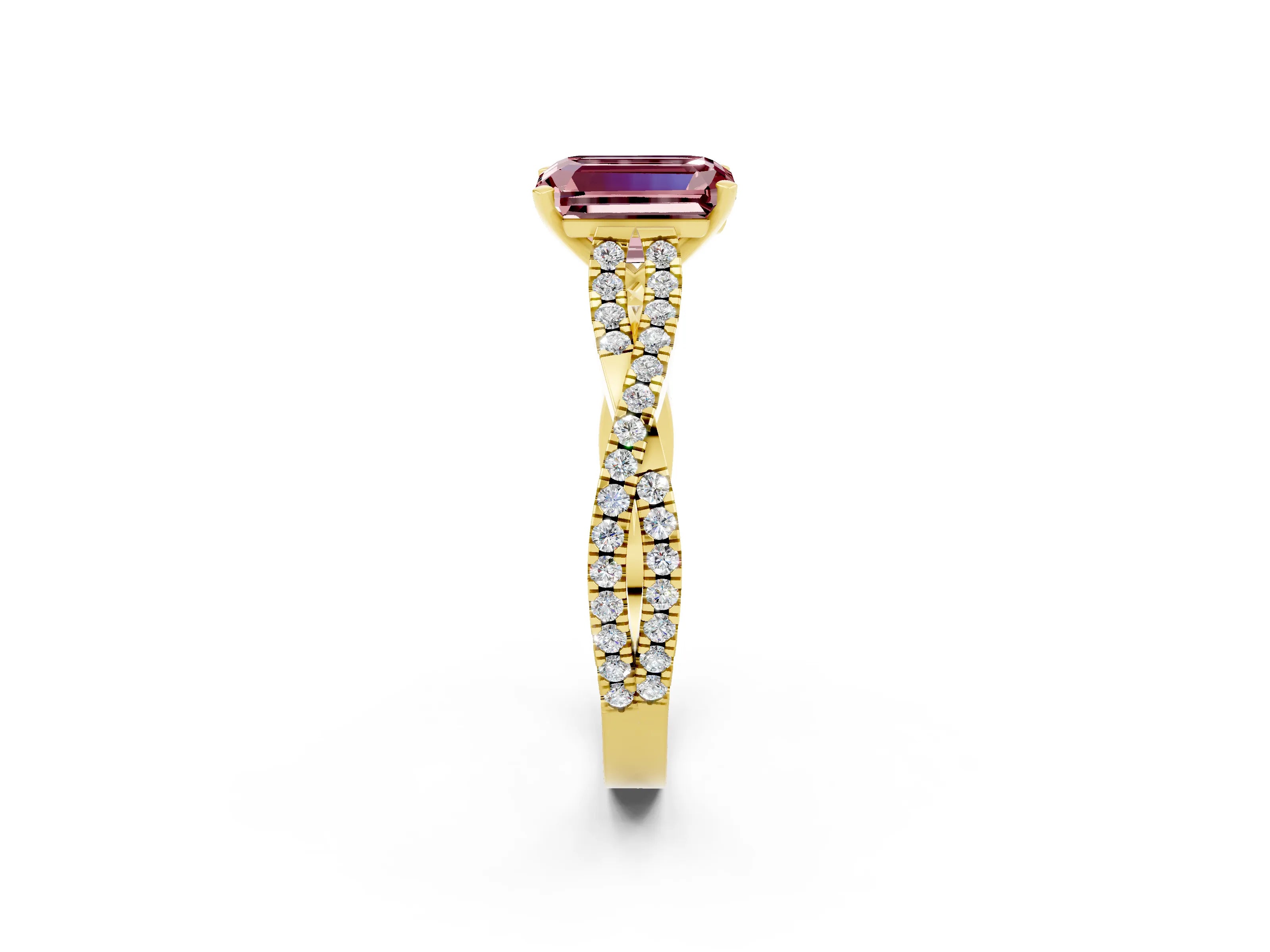 Yellow gold Emerald Cut Morganite Solitaire Engagement Ring with Twisted Pavé Band and Four-Prong Setting_2