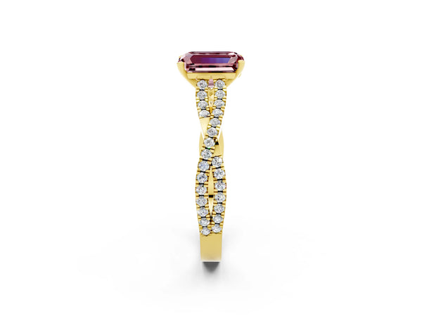 Yellow gold Emerald Cut Morganite Solitaire Engagement Ring with Twisted Pavé Band and Four-Prong Setting