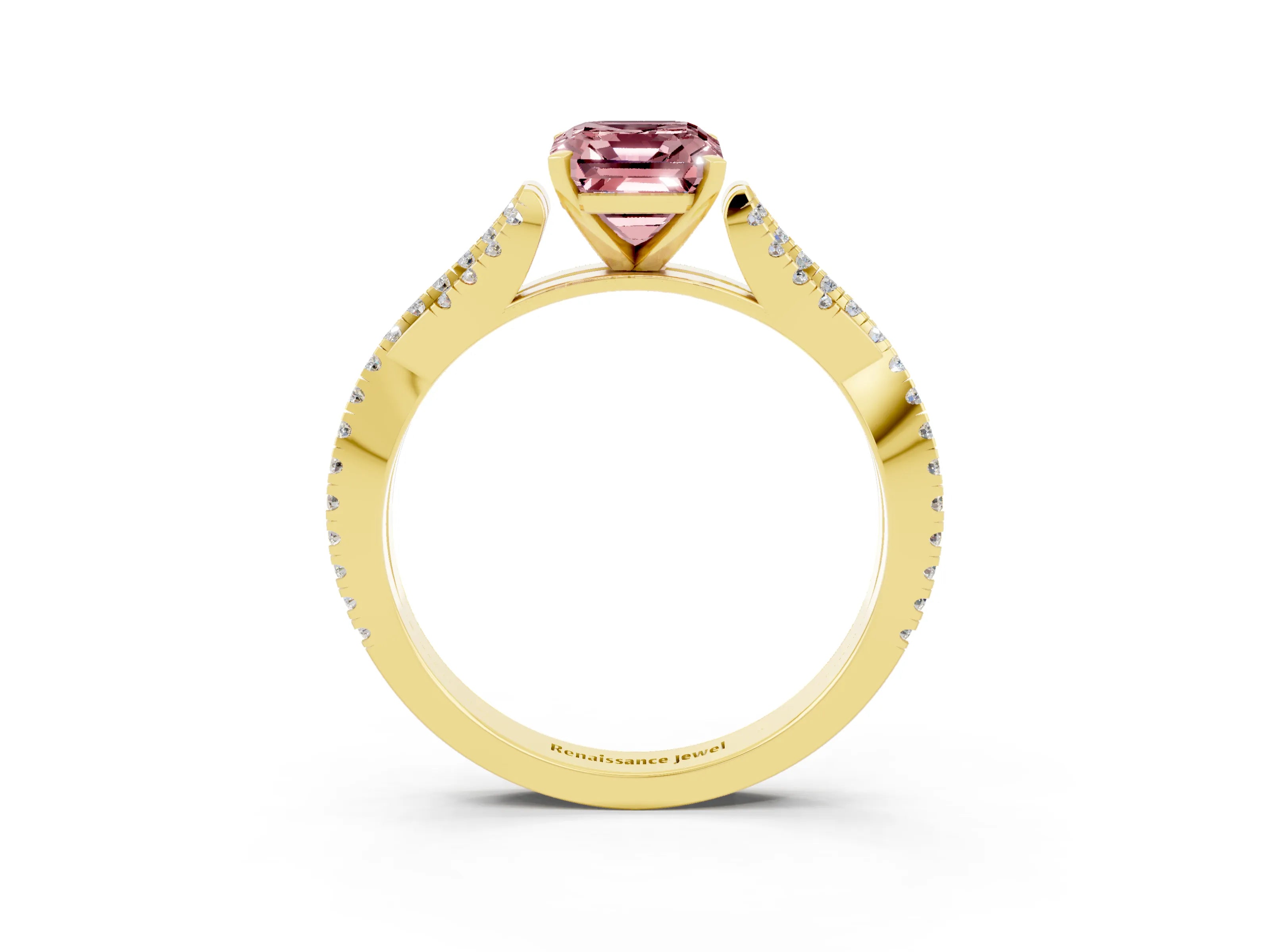 Yellow gold Emerald Cut Morganite Solitaire Engagement Ring with Twisted Pavé Band and Four-Prong Setting_3