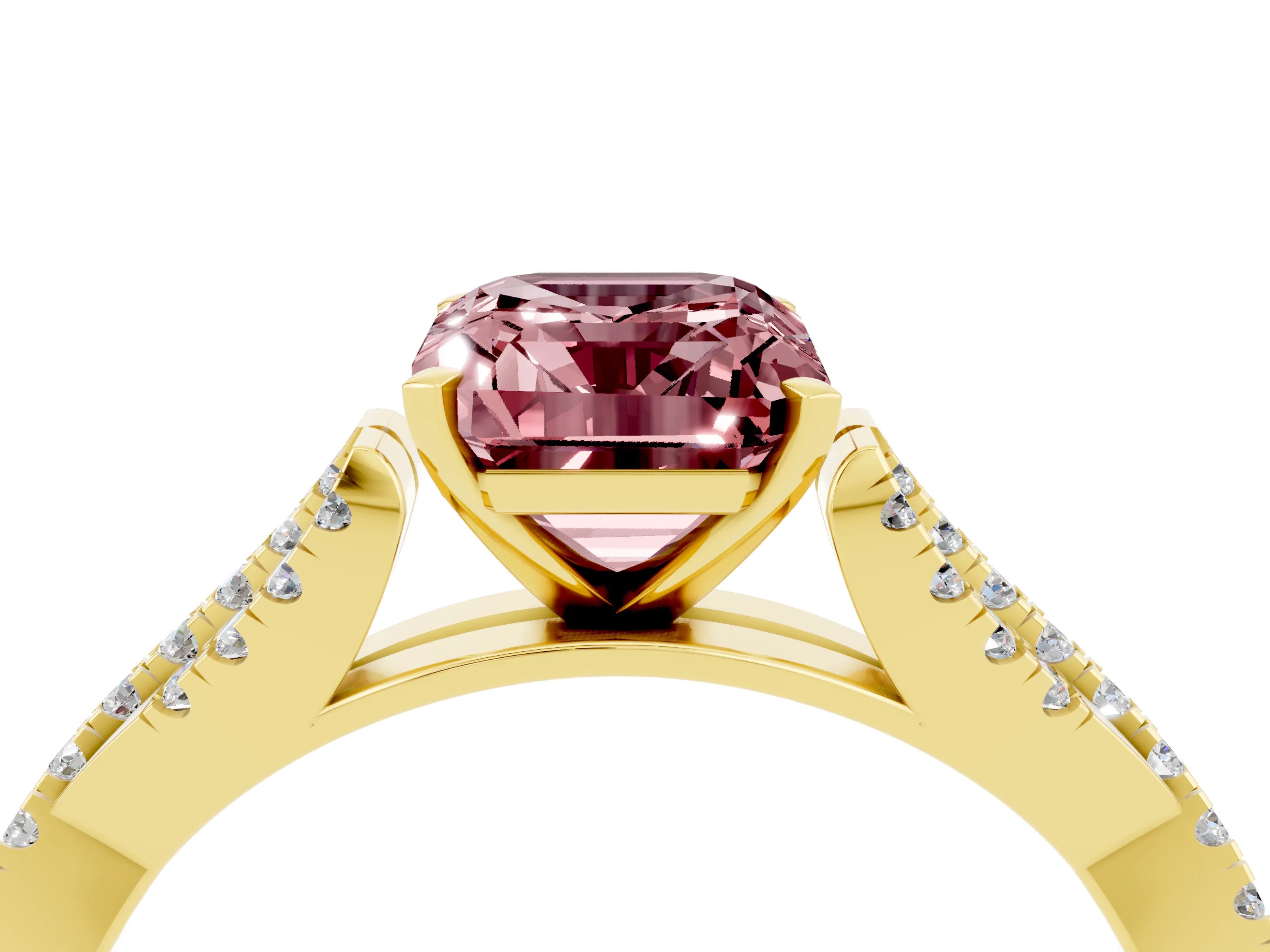 Yellow gold Emerald Cut Morganite Solitaire Engagement Ring with Twisted Pavé Band and Four-Prong Setting_4