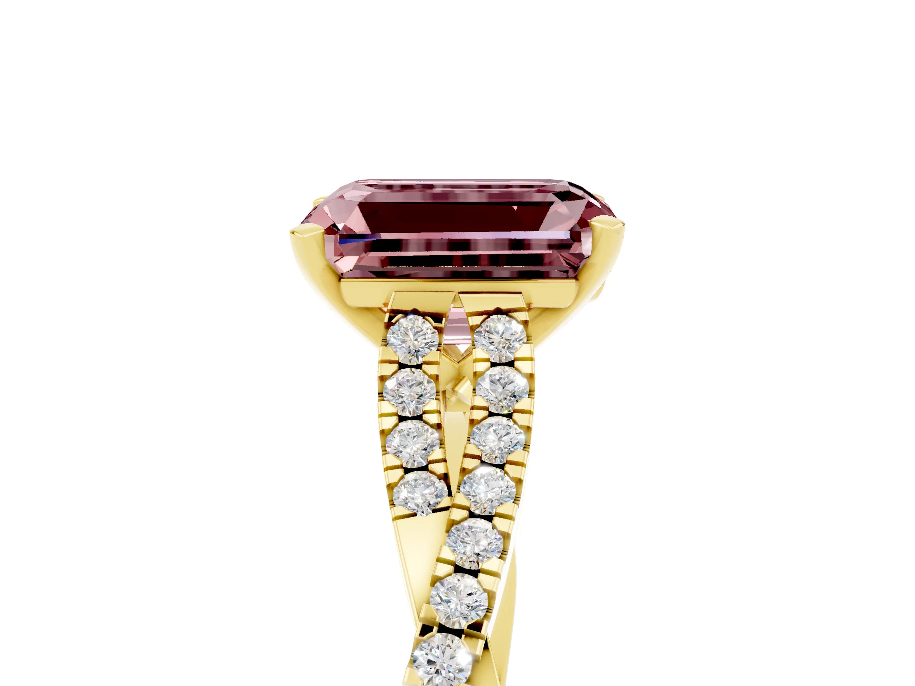 Yellow gold Emerald Cut Morganite Solitaire Engagement Ring with Twisted Pavé Band and Four-Prong Setting_5