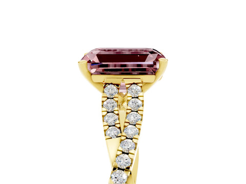 Yellow gold Emerald Cut Morganite Solitaire Engagement Ring with Twisted Pavé Band and Four-Prong Setting_5
