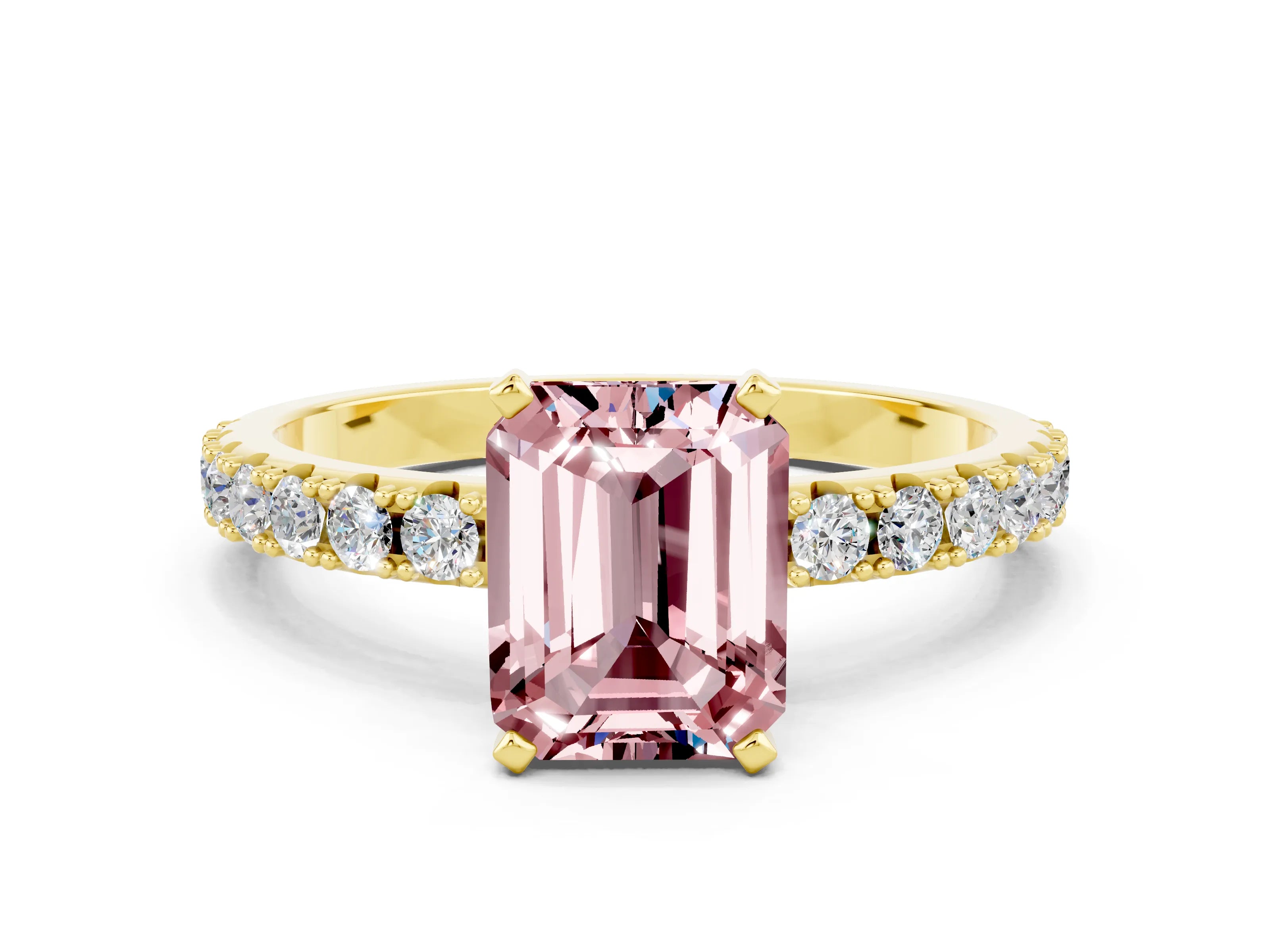 Yellow gold Emerald Cut Morganite Solitaire Pavé Band with Four-Prong Setting