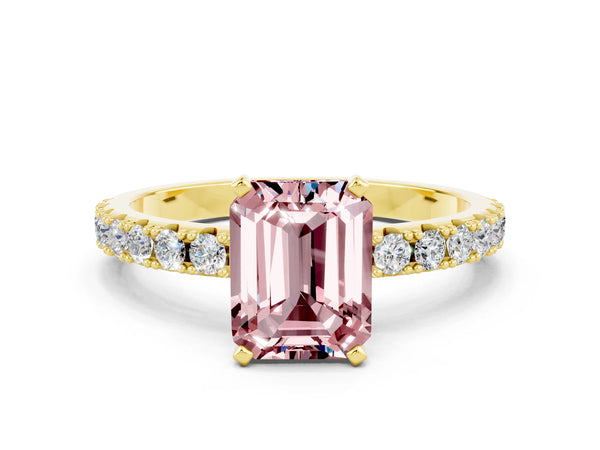 Yellow gold Emerald Cut Morganite Solitaire Pavé Band with Four-Prong Setting