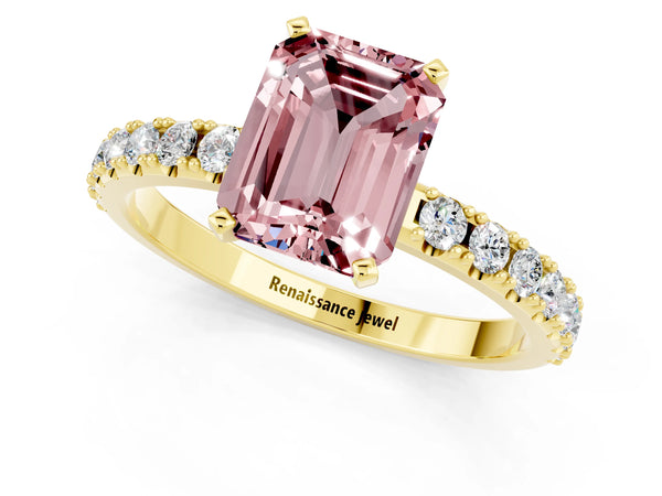 Yellow gold Emerald Cut Morganite Solitaire Pavé Band with Four-Prong Setting