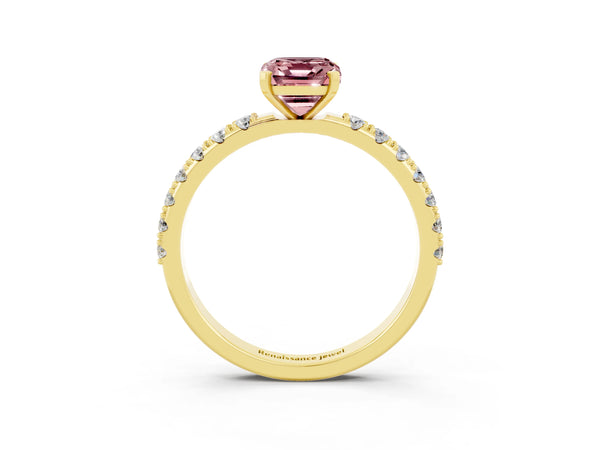 Yellow gold Emerald Cut Morganite Solitaire Pavé Band with Four-Prong Setting