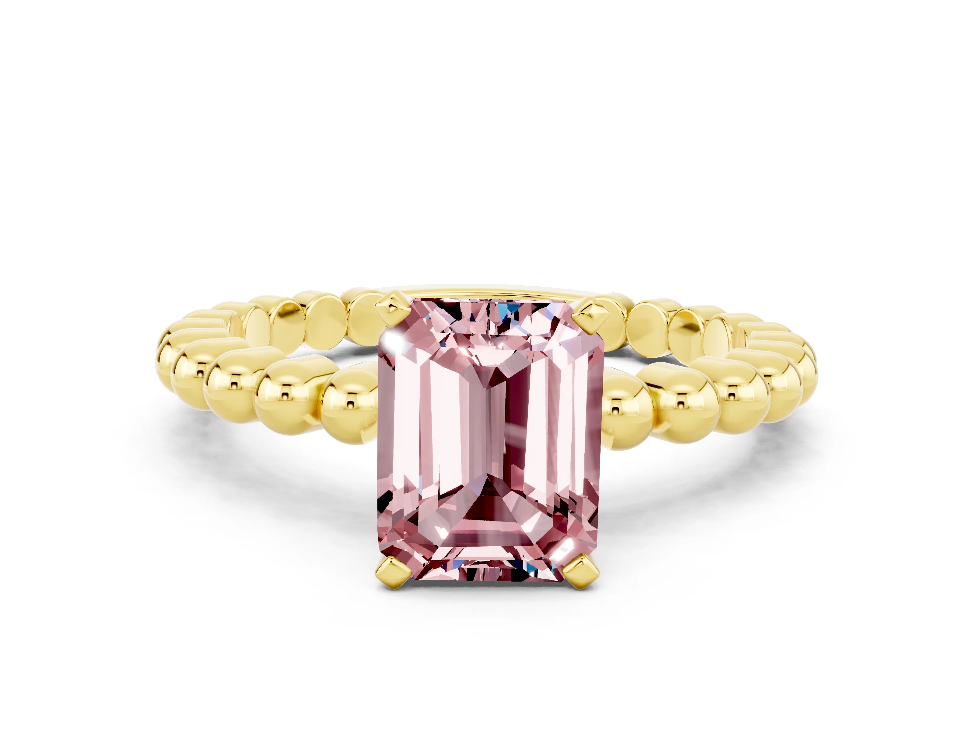 Yellow gold Emerald Cut Morganite Solitaire Ring with Beaded Band and Prong Setting