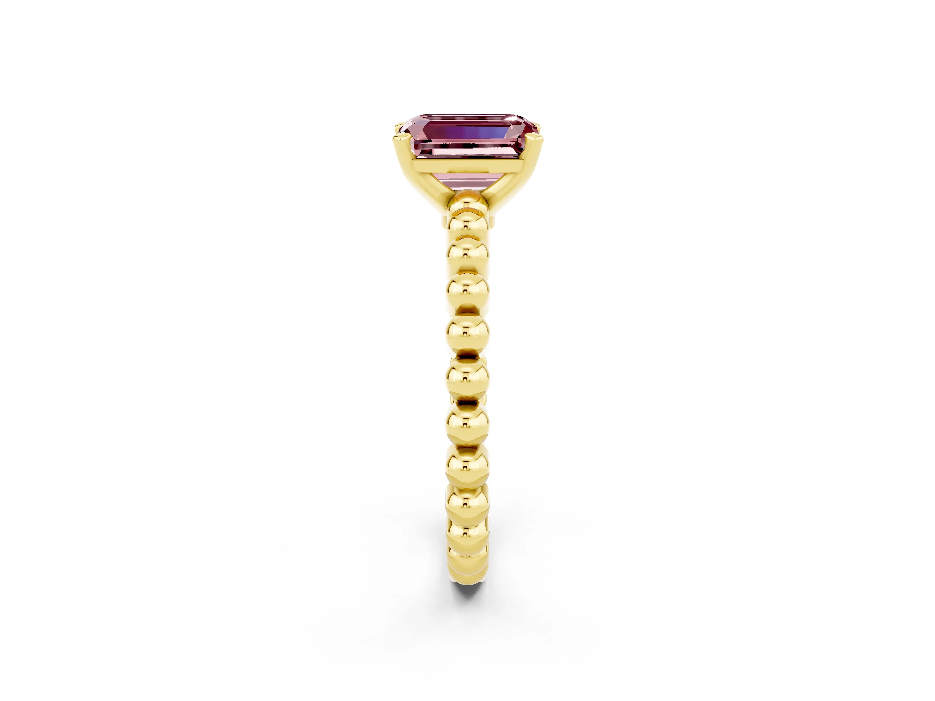 Yellow gold Emerald Cut Morganite Solitaire Ring with Beaded Band and Prong Setting_2